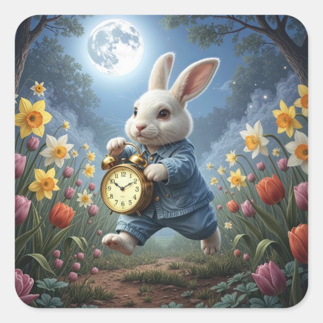 Bunny Hopping With an Alarm Clock Square Sticker (Front)