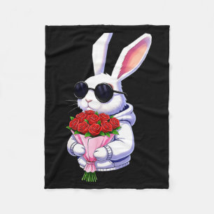 Bunny Hugging Valentine Flower Bunny Fleece Blanket