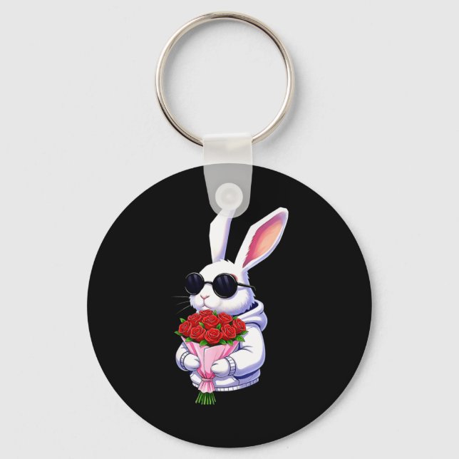 Bunny Hugging Valentine Flower Bunny  Key Ring (Front)
