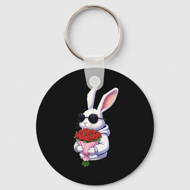 Bunny Hugging Valentine Flower Bunny  Key Ring (Front)