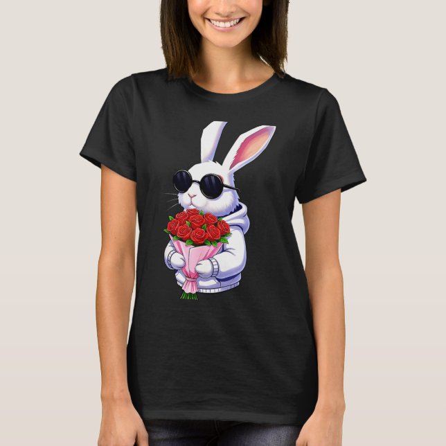 Bunny Hugging Valentine Flower Bunny  T-Shirt (Front)