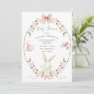 Bunny Hydrangeas Pink Girl Ballerina Baby Invitation