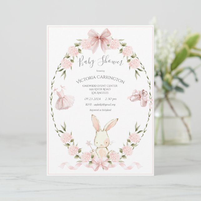 Bunny Hydrangeas Pink Girl Ballerina Baby Invitation (Standing Front)