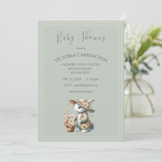 Bunny in a Bonnet Floral Girl Baby Shower  Invitation (Standing Front)