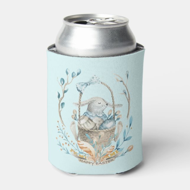 Bunny in a Easter basket Happy Easter text Can Cooler (Can Front)