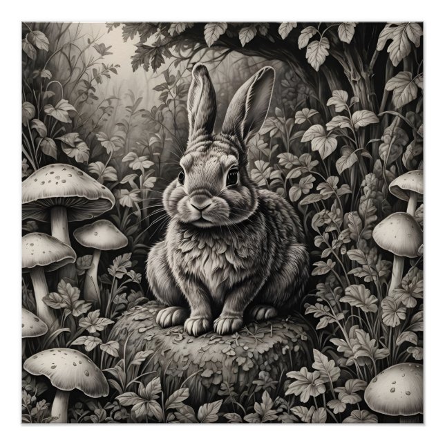 Bunny in a mushroom garden poster (Front)