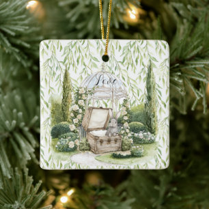 Bunny in Chest Green Leaves Floral Christmas Ceramic Ornament
