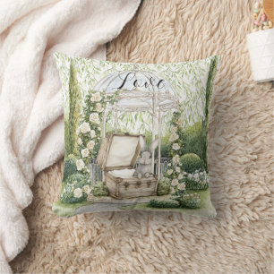 Bunny in Chest Green Leaves Floral Cushion