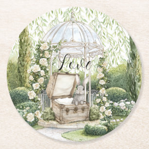 Bunny in Chest Green Leaves Floral Love Wedding Round Paper Coaster