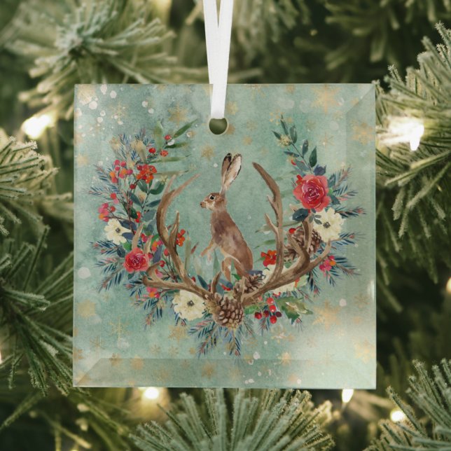 Bunny in Christmas Antlers Glass Tree Decoration (Insitu)