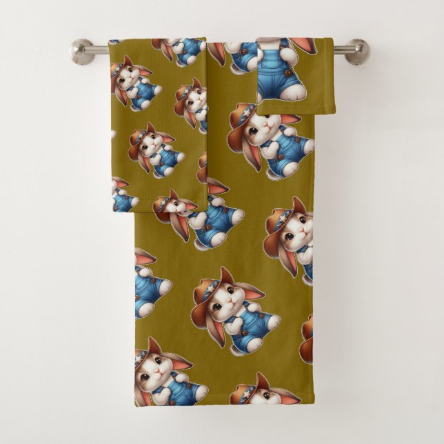 Bunny in Cowboy Outfit with Hat and Overalls Bath Towel Set (Insitu)
