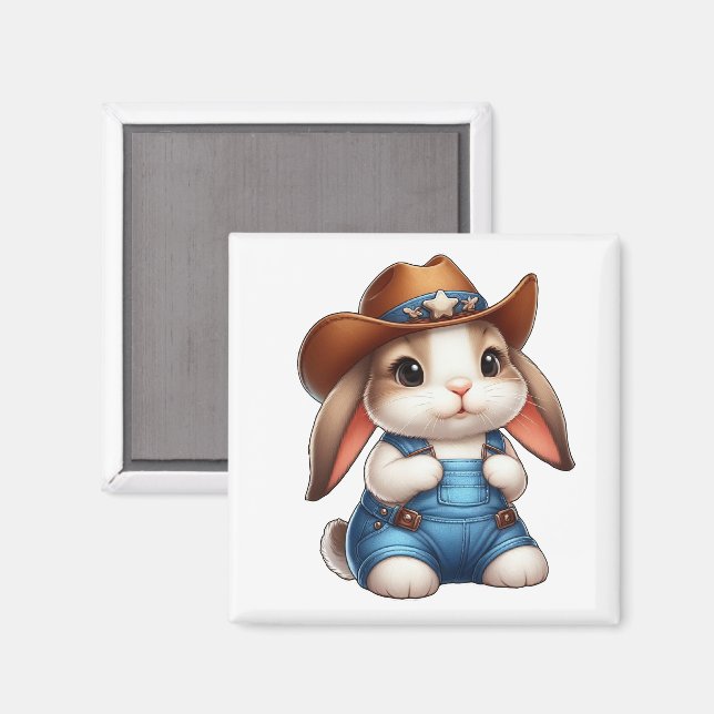 Bunny in Cowboy Outfit with Hat and Overalls Magnet (Front/Back)