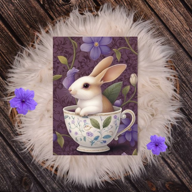 Bunny in Floral Teacup with Purple Flowers Holiday Postcard (Creator Uploaded)