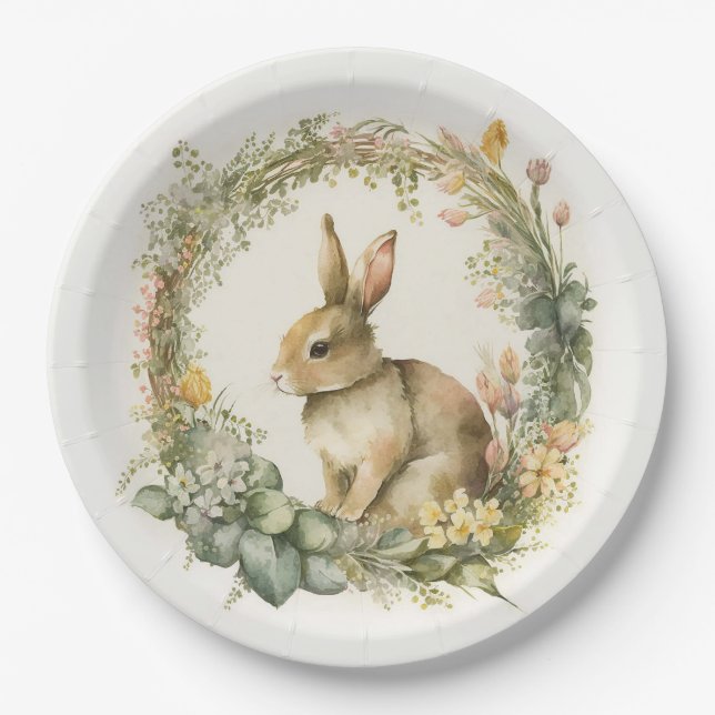 Bunny In Floral Wreath  Paper Plate (Front)