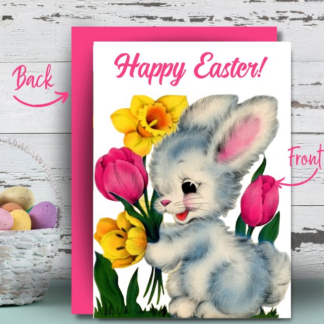 Bunny In Flowers Happy Easter Custom Retro Holiday Card (Bunny In Flowers Happy Easter Custom Retro Holiday Card. Add your name and/or a special message!)