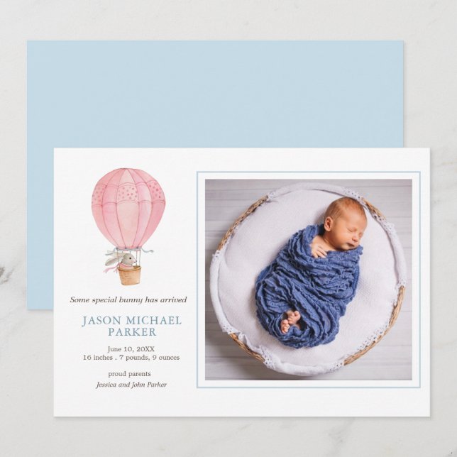 Bunny in hot air balloon Baby photo birth Announcement (Front/Back)