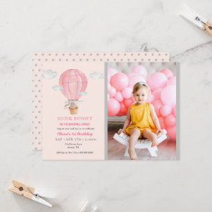 Bunny in Hot air balloon pink 1st birthday Invitation