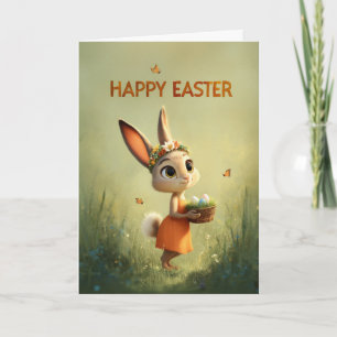 Bunny in Orange Dress Wearing Flower Crown Easter Card