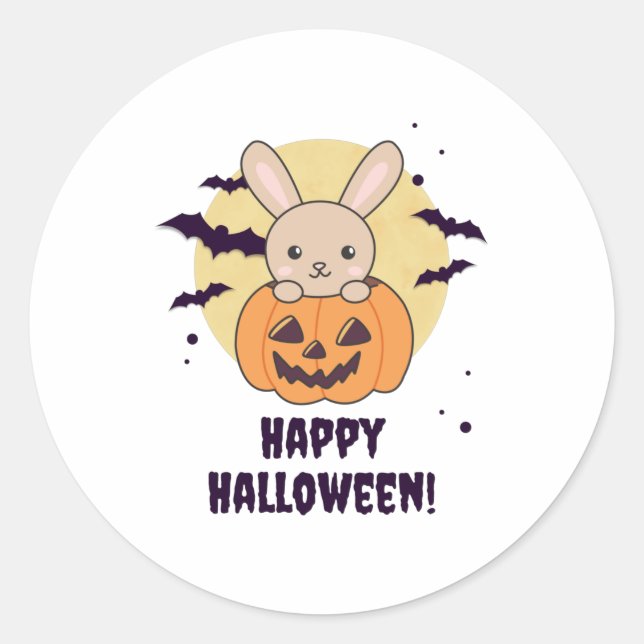 Bunny In Pumpkin Cute Bunnies Happy Halloween Classic Round Sticker (Front)