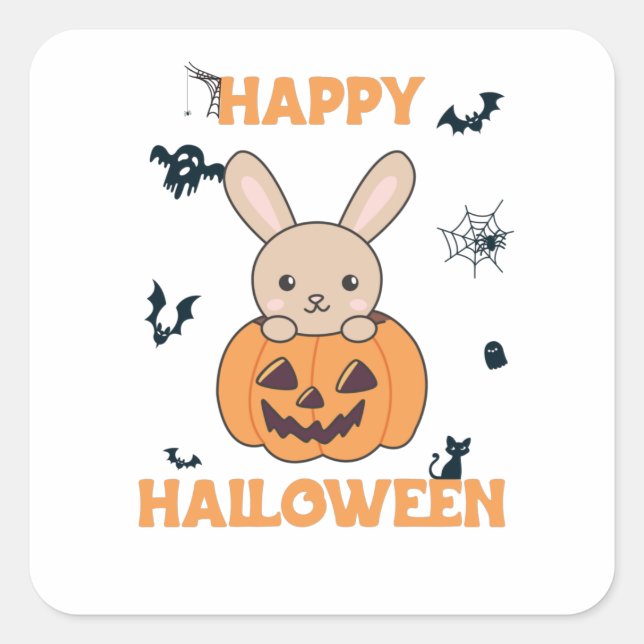 Bunny In Pumpkin Cute Bunnies Happy Halloween Square Sticker (Front)