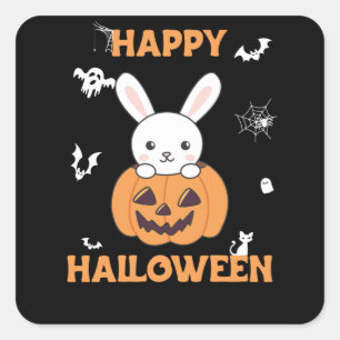 Bunny In Pumpkin Cute Bunnies Happy Halloween Square Sticker