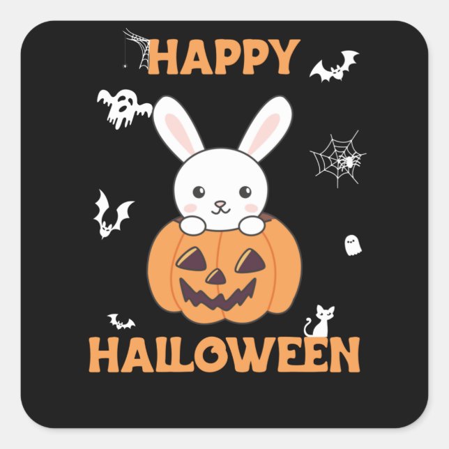 Bunny In Pumpkin Cute Bunnies Happy Halloween Square Sticker (Front)