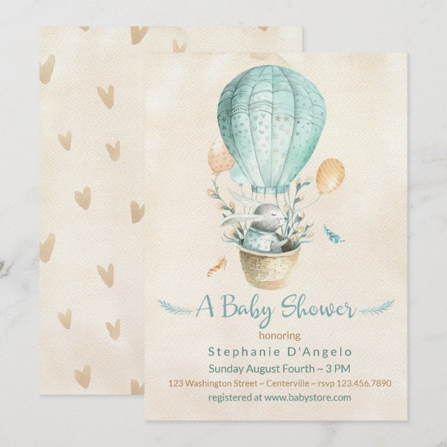 Bunny in Teal Blue Hot Air Balloon Baby Shower Invitation (Front/Back)