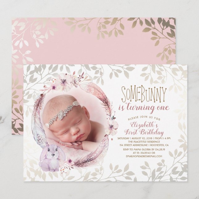 Bunny Is Turning One Girl's First Birthday Photo Invitation (Front/Back)