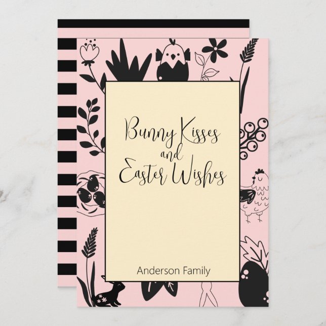 Bunny Kisses and Easter Wishes Pink Modern Family Holiday Card (Front/Back)