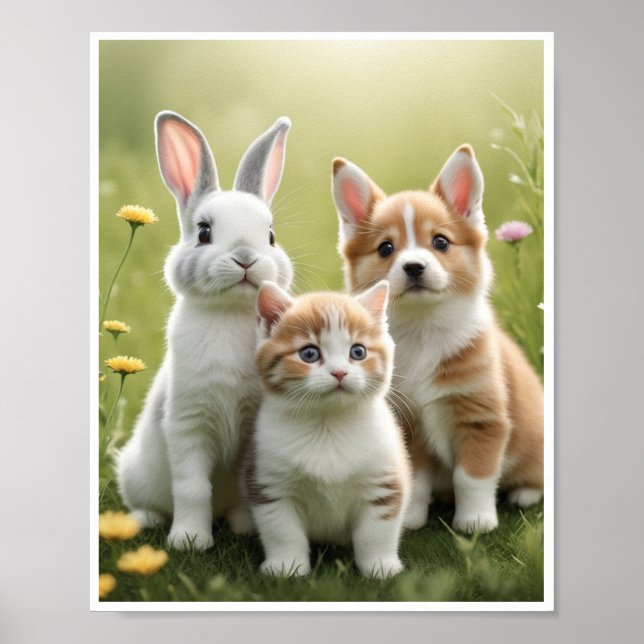 Bunny Kitten Puppy Meadow Wall Art Decor Poster (Front)