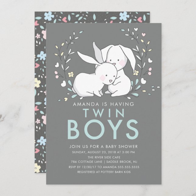 Bunny Love Twin Boys Baby Shower Invitation (Front/Back)