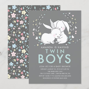 Bunny Love Twin Boys Baby Shower Invitation