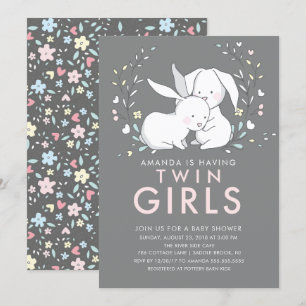 Bunny Love Twin Girls Baby Shower Invitation