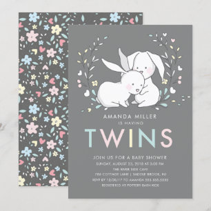 Bunny Love TWINS Baby Shower Invitation