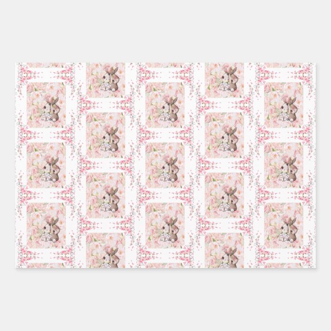 Bunny Love with pink roses Wrapping Paper Sheet (Front)