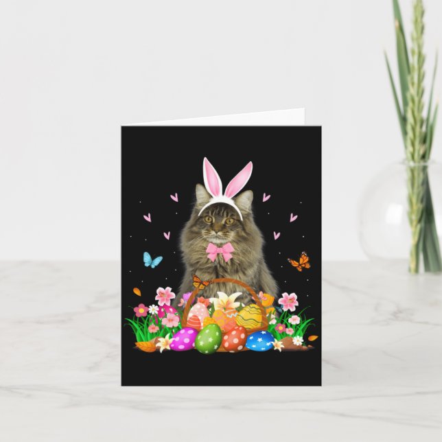 Bunny Maine Coon Cat Easter Illustration Card (Front)