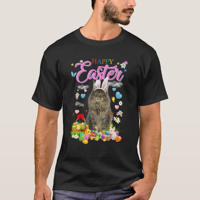 Bunny Maine Coon Cat Happy Easter Eggs T-Shirt (Front)