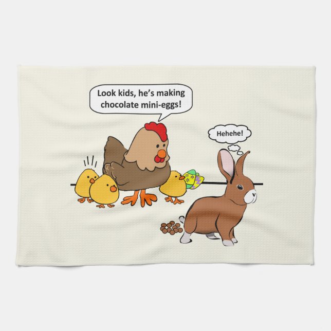 Bunny makes chocolate poop funny cartoon tea towel (Horizontal)