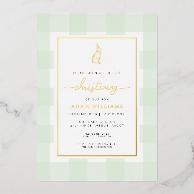 Bunny Mint Gingham Christening Foil Invitation (Front)