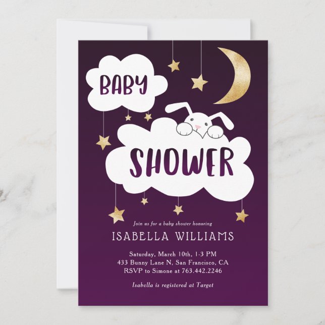 Bunny Moon Stars Purple Gold Baby Shower Invitation (Front)