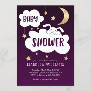 Bunny Moon Stars Purple Gold Baby Shower Invitation