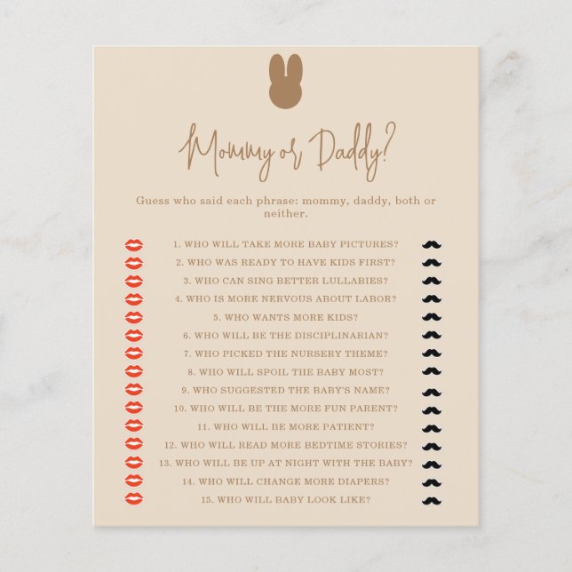 Bunny mummy or daddy baby shower game (Front)