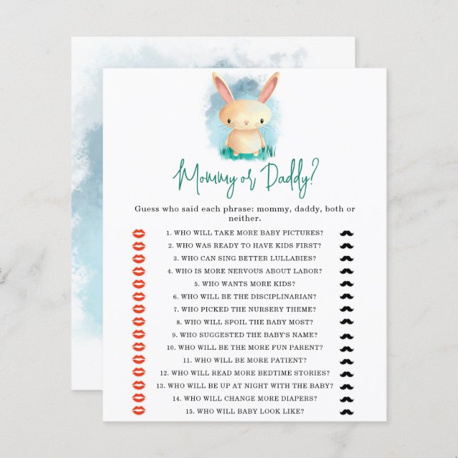 Bunny mummy or daddy baby shower game (Front/Back)