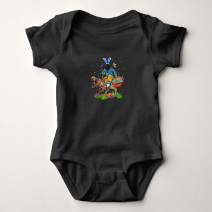 Bunny Newfoundland Dog Riding Dinosaur Easter Baby Bodysuit