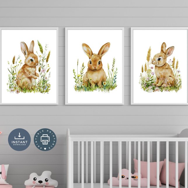 Bunny Nursery Prints, Watercolor Gender Neutral  (Baby Bunny Rabbit Nursery Set of 2 or 3 Poster Prints.  Gender Neutral for boys or girls)