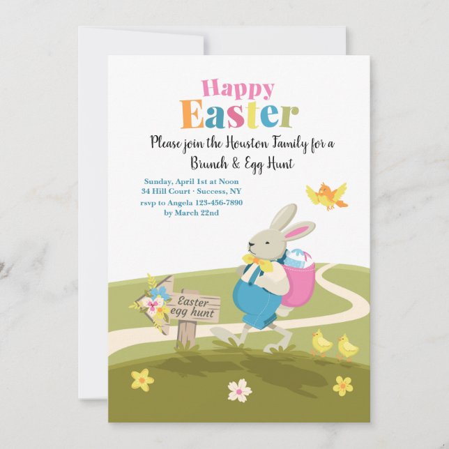 Bunny On His Way Easter Invitation (Front)