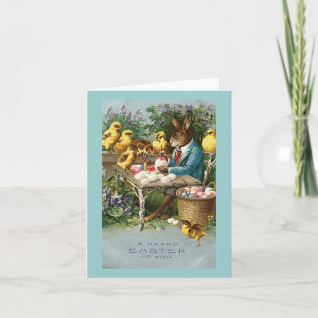 Bunny Painting Easter Eggs Vintage Holiday Card (Front)
