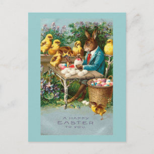 Bunny Painting Easter Eggs Vintage Holiday Postcard