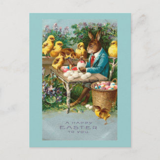 Bunny Painting Easter Eggs Vintage Holiday Postcard