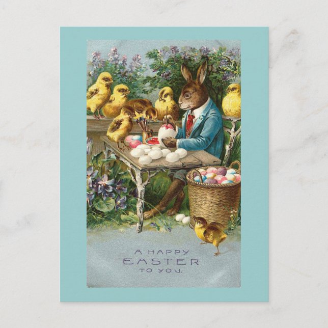 Bunny Painting Easter Eggs Vintage Holiday Postcard (Front)